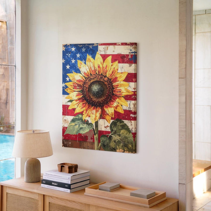 Patriotic Sunflower Canvas – Rustic Folk-Art Summer Freedom Wall Decor - Gifitto