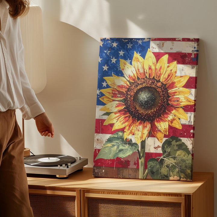 Patriotic Sunflower Canvas – Rustic Folk-Art Summer Freedom Wall Decor - Gifitto