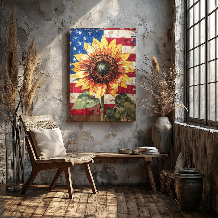 Patriotic Sunflower Canvas – Rustic Folk-Art Summer Freedom Wall Decor - Gifitto