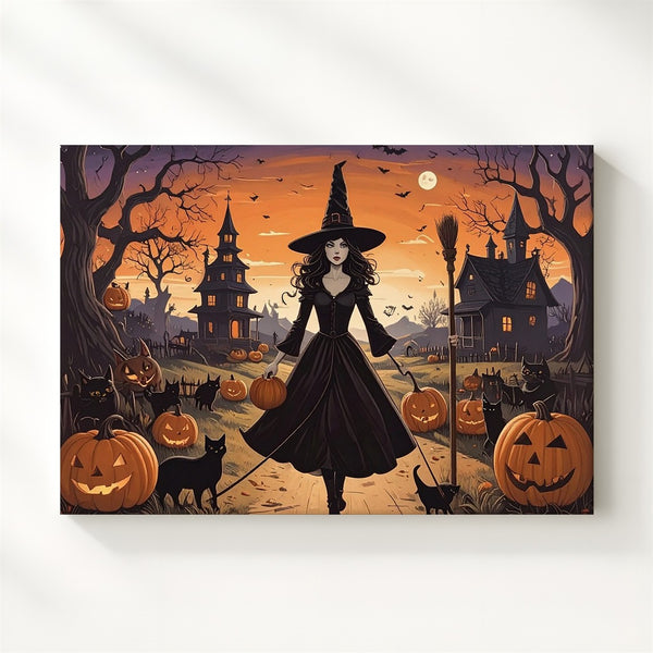 Whimsical Witch & Cats Canvas – Playful Halloween Village Cartoon Art - Gifitto