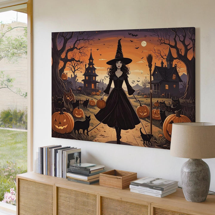 Whimsical Witch & Cats Canvas – Playful Halloween Village Cartoon Art - Gifitto