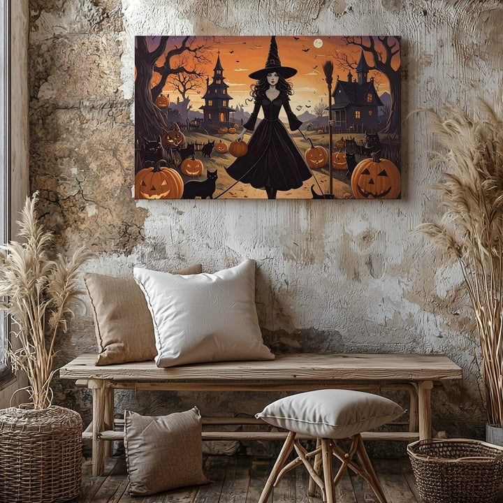 Whimsical Witch & Cats Canvas – Playful Halloween Village Cartoon Art - Gifitto