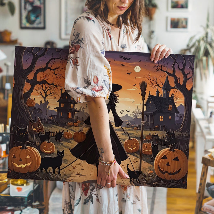 Whimsical Witch & Cats Canvas – Playful Halloween Village Cartoon Art - Gifitto
