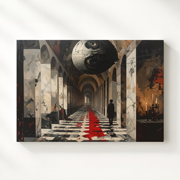 Liminal Corridor Canvas – Surreal Marble Arches with Eye & Headless Guard - Gifitto