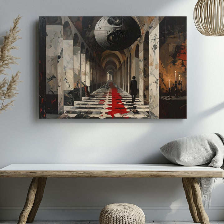 Liminal Corridor Canvas – Surreal Marble Arches with Eye & Headless Guard - Gifitto