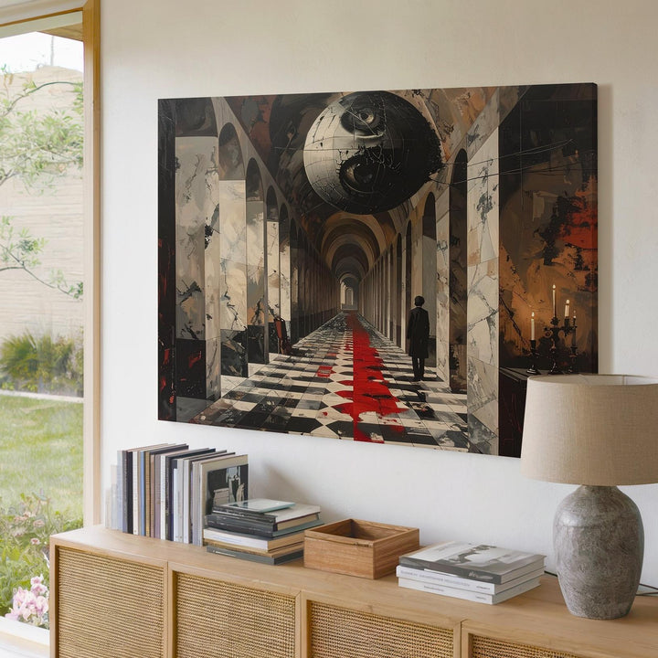 Liminal Corridor Canvas – Surreal Marble Arches with Eye & Headless Guard - Gifitto