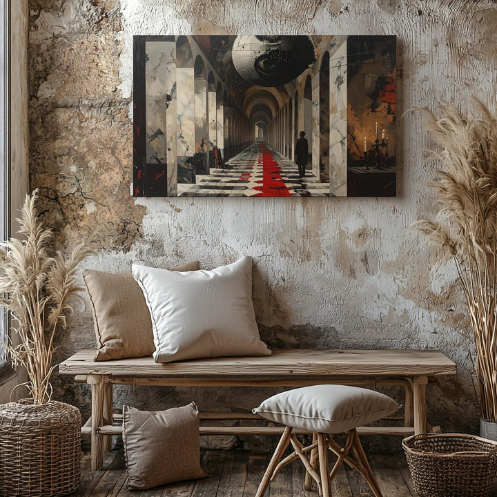 Liminal Corridor Canvas – Surreal Marble Arches with Eye & Headless Guard - Gifitto