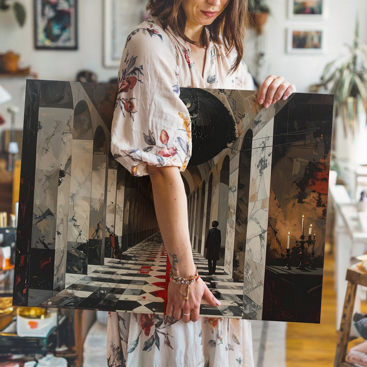 Liminal Corridor Canvas – Surreal Marble Arches with Eye & Headless Guard - Gifitto