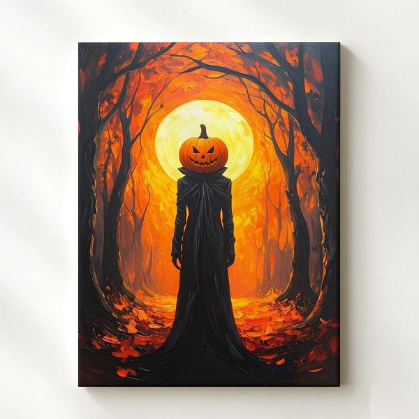 Pumpkin Spirit in Forest Tunnel Canvas – Surreal Fantasy Halloween Wall Art - Gifitto