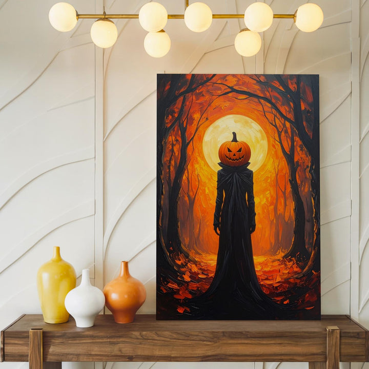 Pumpkin Spirit in Forest Tunnel Canvas – Surreal Fantasy Halloween Wall Art - Gifitto