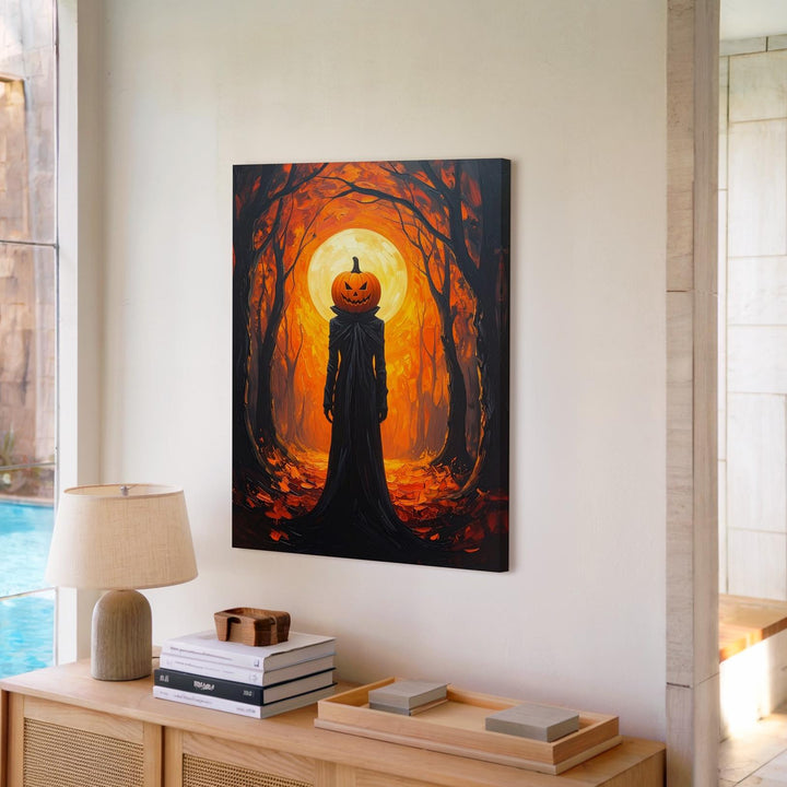 Pumpkin Spirit in Forest Tunnel Canvas – Surreal Fantasy Halloween Wall Art - Gifitto