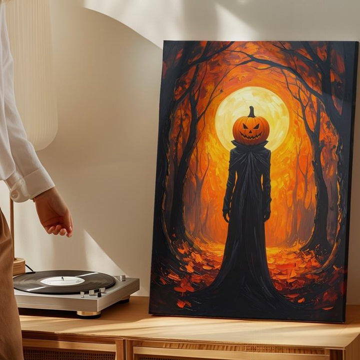 Pumpkin Spirit in Forest Tunnel Canvas – Surreal Fantasy Halloween Wall Art - Gifitto