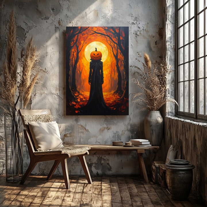 Pumpkin Spirit in Forest Tunnel Canvas – Surreal Fantasy Halloween Wall Art - Gifitto