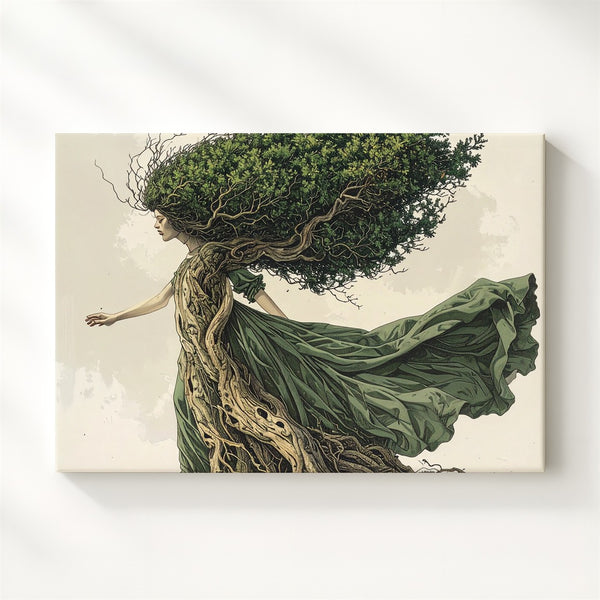Dryad Spirit Canvas – Surreal Tree-Headed Forest Witch Wall Art - Gifitto