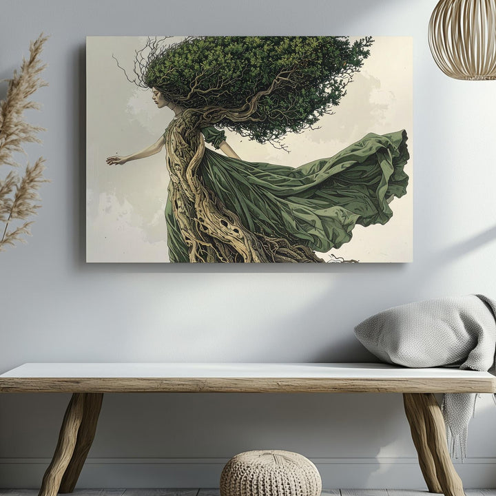 Dryad Spirit Canvas – Surreal Tree-Headed Forest Witch Wall Art - Gifitto