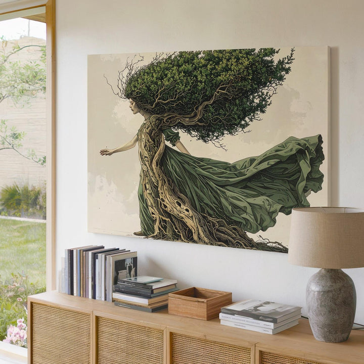 Dryad Spirit Canvas – Surreal Tree-Headed Forest Witch Wall Art - Gifitto
