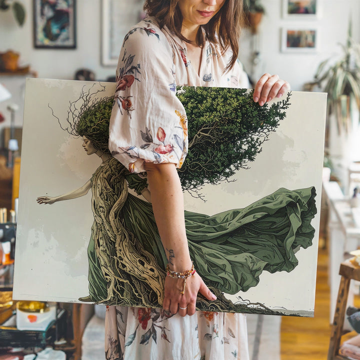 Dryad Spirit Canvas – Surreal Tree-Headed Forest Witch Wall Art - Gifitto