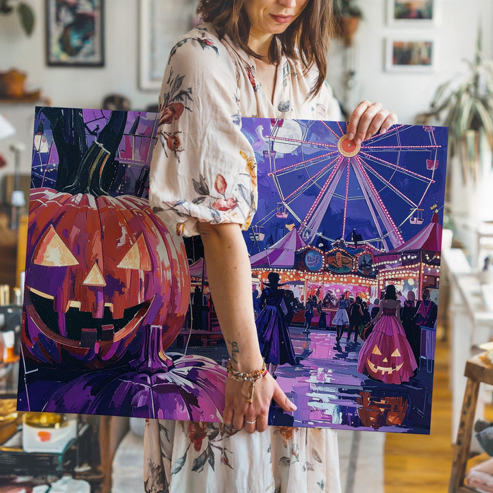 Halloween Carnival Canvas – Surreal Fairground with Jack-o'-Lanterns & Ferris Wheel - Gifitto