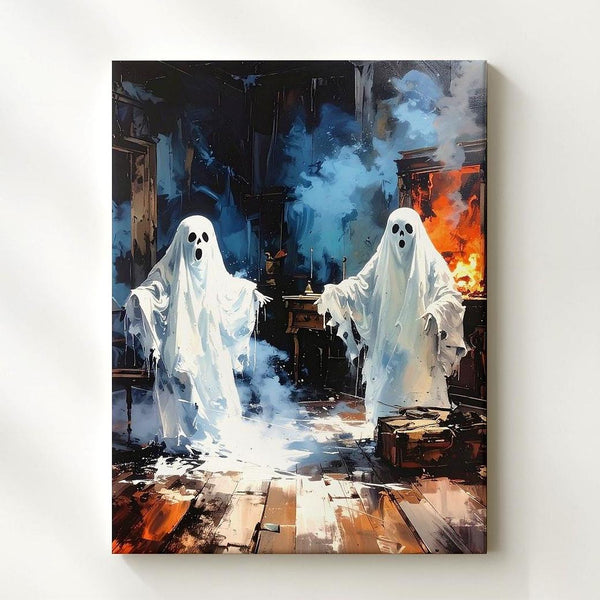 Haunted Interior Ghost Canvas – Surreal Halloween Wall Art with Firelight Glow - Gifitto