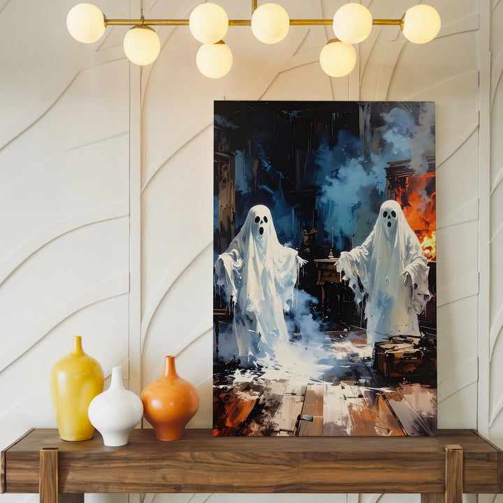 Haunted Interior Ghost Canvas – Surreal Halloween Wall Art with Firelight Glow - Gifitto