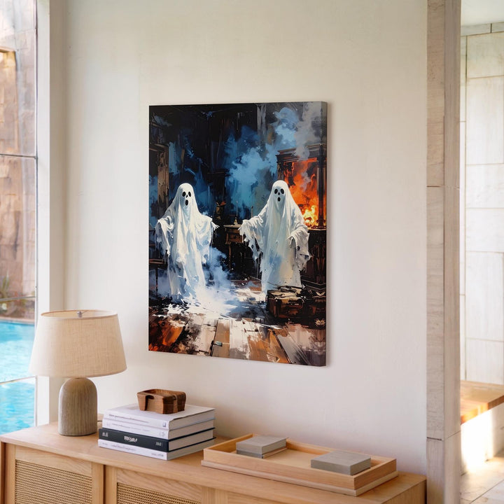 Haunted Interior Ghost Canvas – Surreal Halloween Wall Art with Firelight Glow - Gifitto
