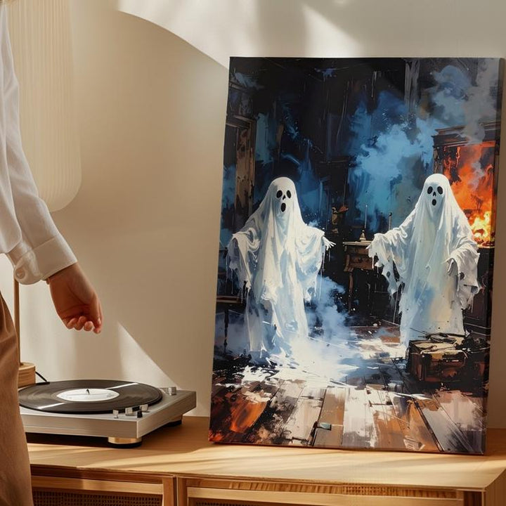Haunted Interior Ghost Canvas – Surreal Halloween Wall Art with Firelight Glow - Gifitto
