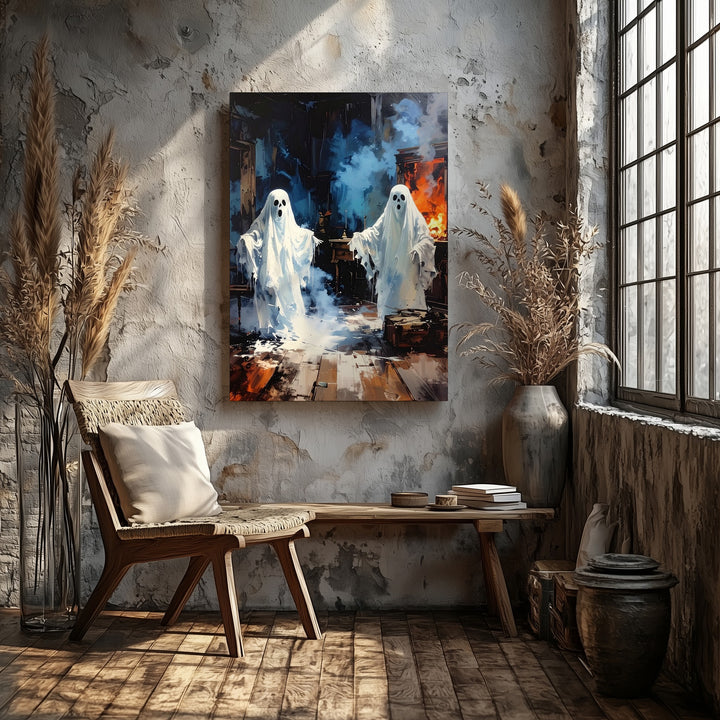 Haunted Interior Ghost Canvas – Surreal Halloween Wall Art with Firelight Glow - Gifitto