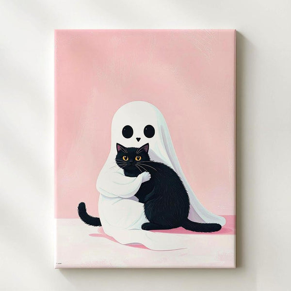 Ghost & Black Cat Hug Canvas – Cute Pastel Halloween Wall Art - Gifitto