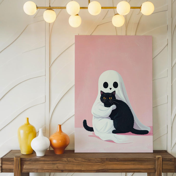 Ghost & Black Cat Hug Canvas – Cute Pastel Halloween Wall Art - Gifitto
