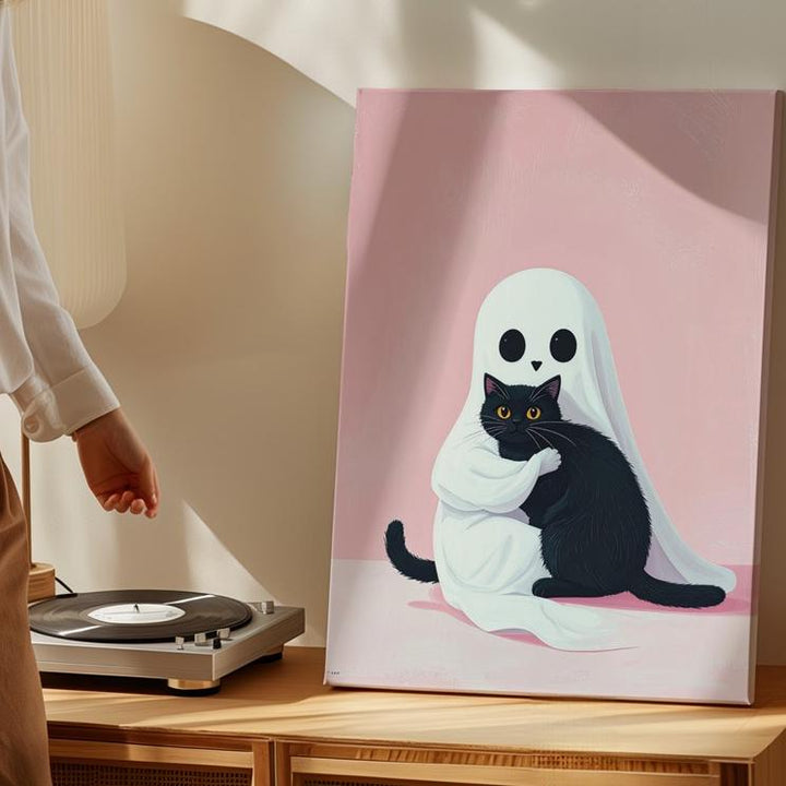 Ghost & Black Cat Hug Canvas – Cute Pastel Halloween Wall Art - Gifitto