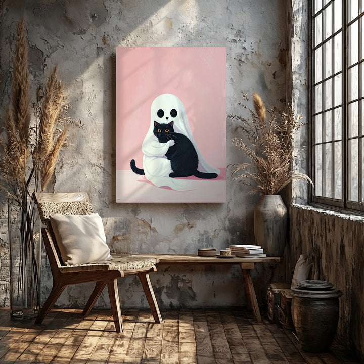 Ghost & Black Cat Hug Canvas – Cute Pastel Halloween Wall Art - Gifitto