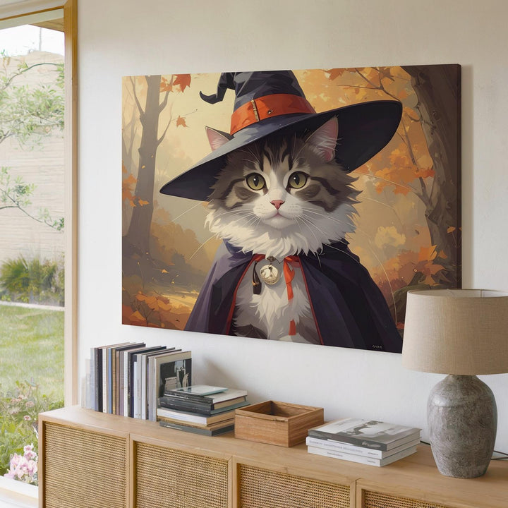 Spellcaster Kitten Canvas – Whimsical Halloween Familiar in Forest Light - Gifitto