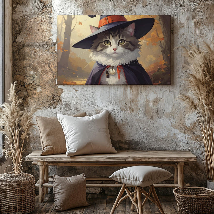 Spellcaster Kitten Canvas – Whimsical Halloween Familiar in Forest Light - Gifitto