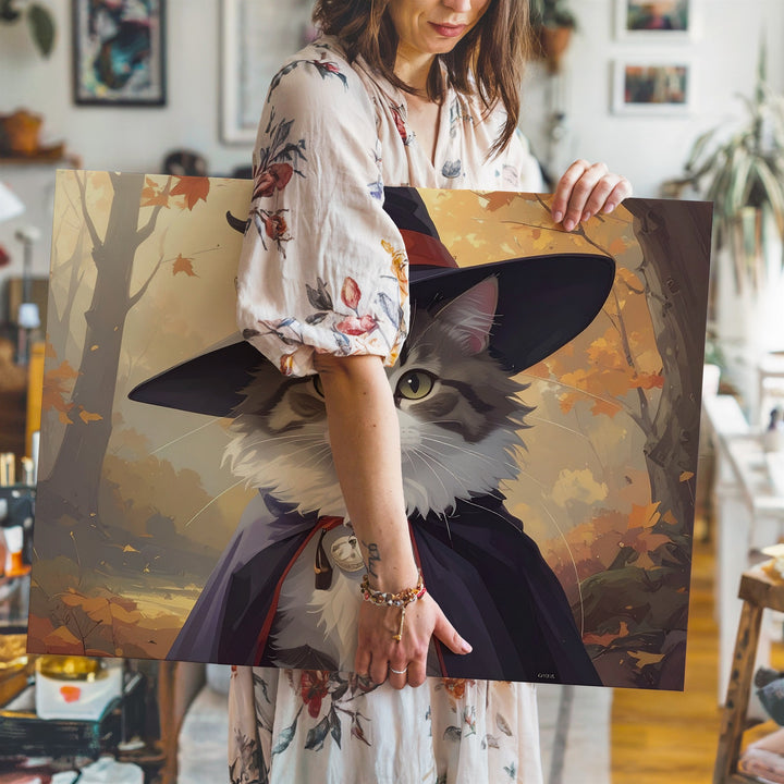 Spellcaster Kitten Canvas – Whimsical Halloween Familiar in Forest Light - Gifitto