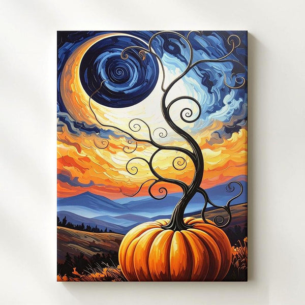 Van Gogh-Inspired Pumpkin Tree Canvas – Surreal Halloween Night Art - Gifitto
