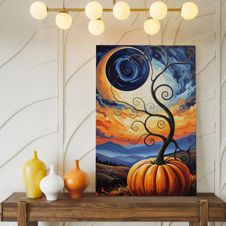 Van Gogh-Inspired Pumpkin Tree Canvas – Surreal Halloween Night Art - Gifitto