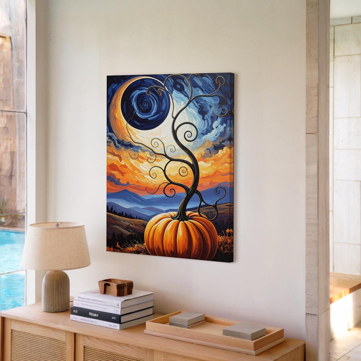 Van Gogh-Inspired Pumpkin Tree Canvas – Surreal Halloween Night Art - Gifitto