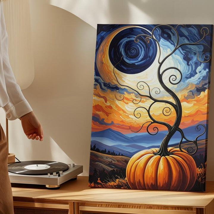 Van Gogh-Inspired Pumpkin Tree Canvas – Surreal Halloween Night Art - Gifitto