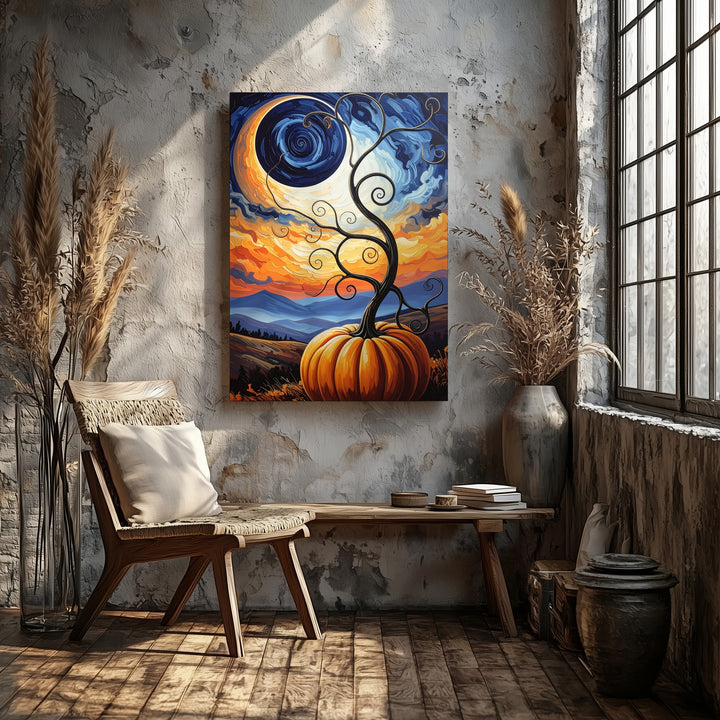 Van Gogh-Inspired Pumpkin Tree Canvas – Surreal Halloween Night Art - Gifitto