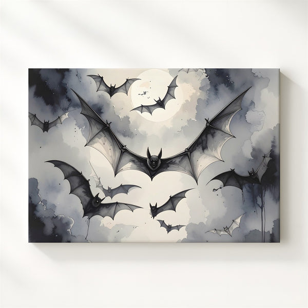 Symmetrical Bat Swarm Canvas – Grayscale Gothic Halloween Wall Art - Gifitto
