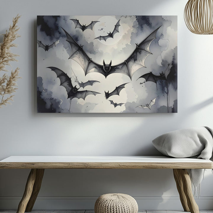 Symmetrical Bat Swarm Canvas – Grayscale Gothic Halloween Wall Art - Gifitto