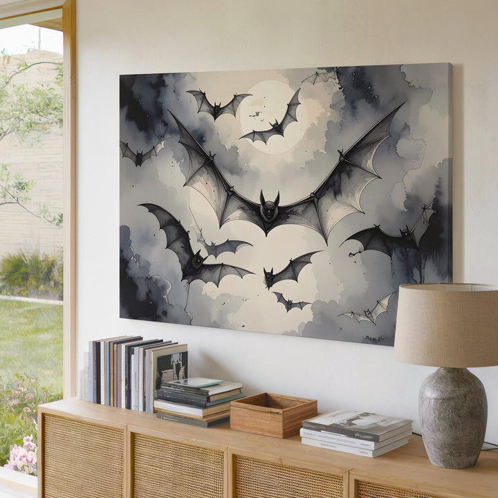 Symmetrical Bat Swarm Canvas – Grayscale Gothic Halloween Wall Art - Gifitto