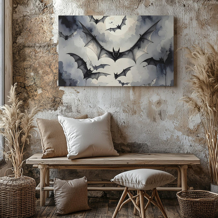 Symmetrical Bat Swarm Canvas – Grayscale Gothic Halloween Wall Art - Gifitto