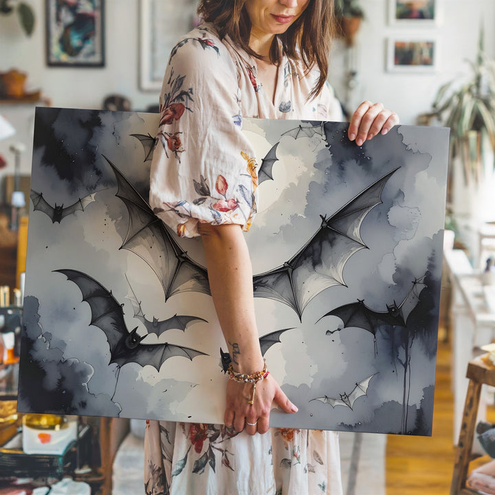 Symmetrical Bat Swarm Canvas – Grayscale Gothic Halloween Wall Art - Gifitto