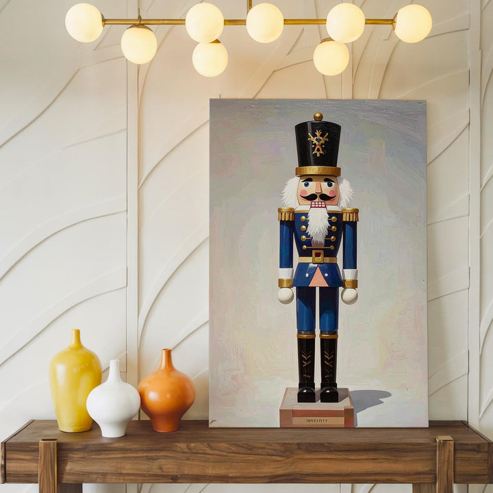 Minimal Nutcracker Soldier Canvas – Classic Blue & Gold Christmas Wall Art - Gifitto