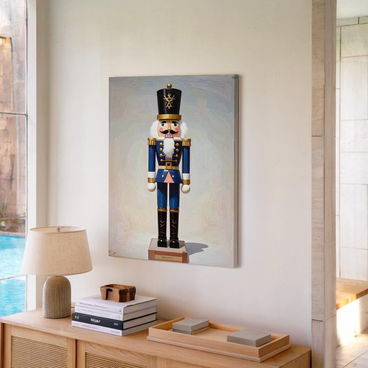 Minimal Nutcracker Soldier Canvas – Classic Blue & Gold Christmas Wall Art - Gifitto