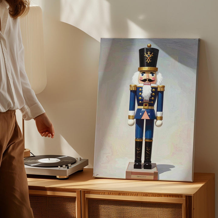 Minimal Nutcracker Soldier Canvas – Classic Blue & Gold Christmas Wall Art - Gifitto