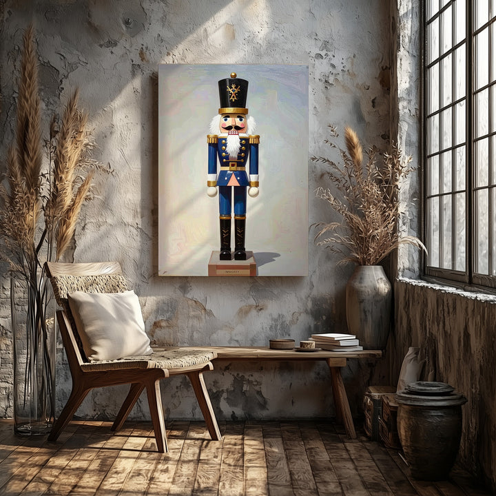 Minimal Nutcracker Soldier Canvas – Classic Blue & Gold Christmas Wall Art - Gifitto
