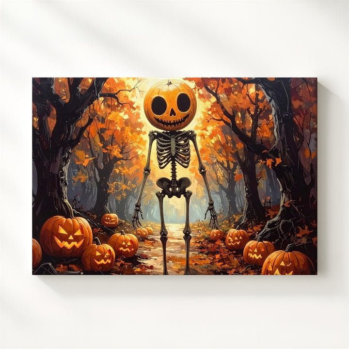 Pumpkin-Head Skeleton in Enchanted Forest Canvas – Whimsical Halloween Fantasy Art - Gifitto