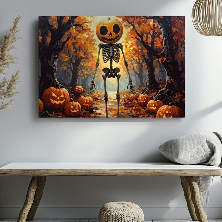 Pumpkin-Head Skeleton in Enchanted Forest Canvas – Whimsical Halloween Fantasy Art - Gifitto